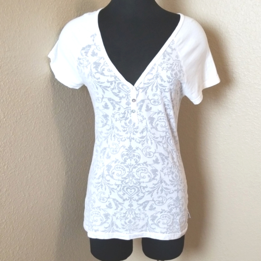 Prana Short Sleeve White Floral Top